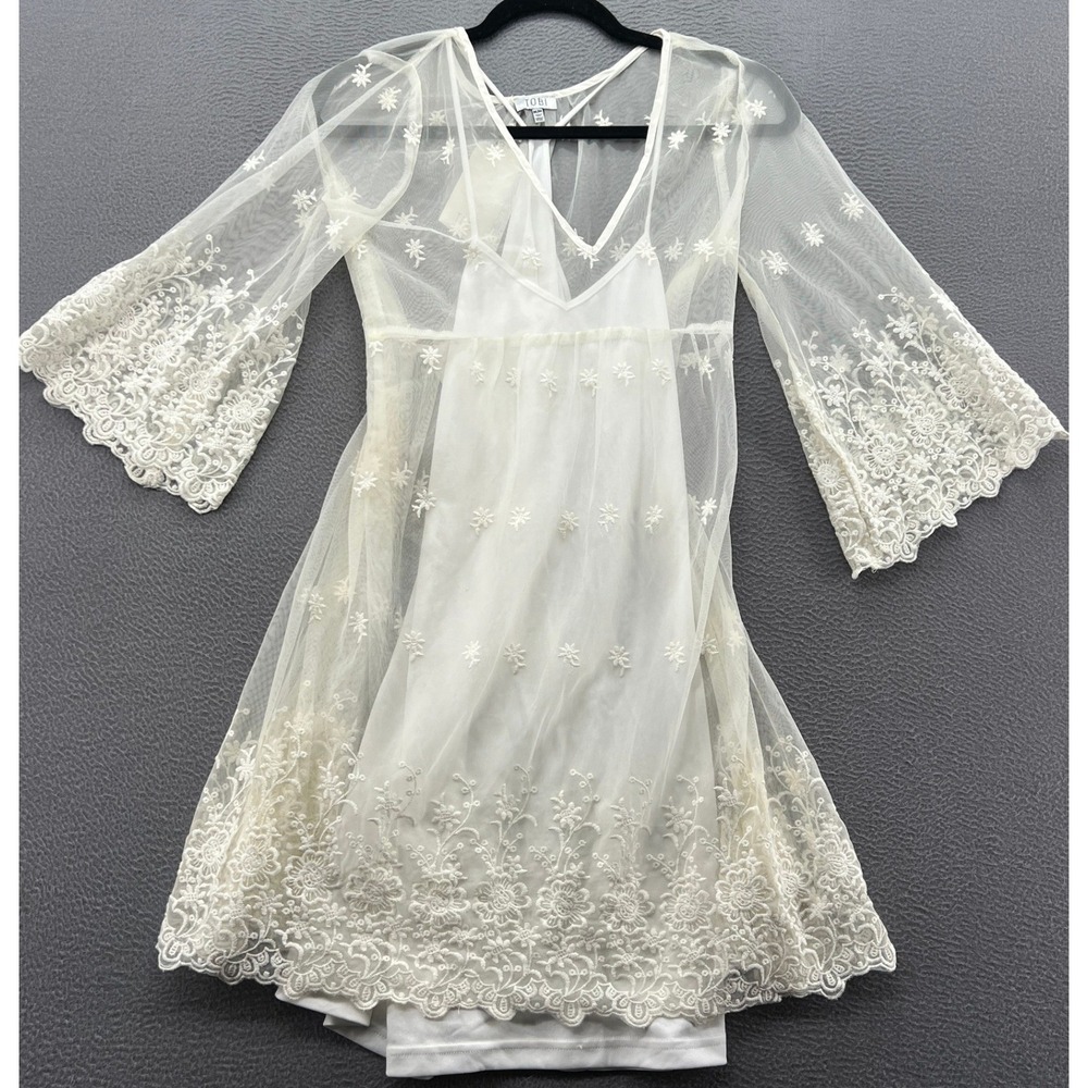 Tobi Dress Women's Medium White Mini Embroidered Mesh Lace Bell Sleeve Slip